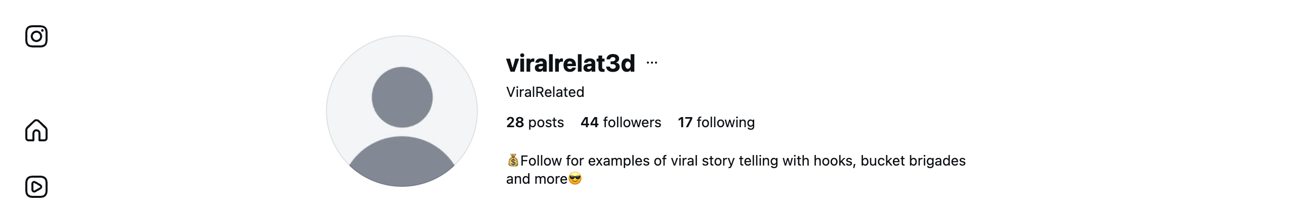 Instagram profile showing 44 followers and viral reels
